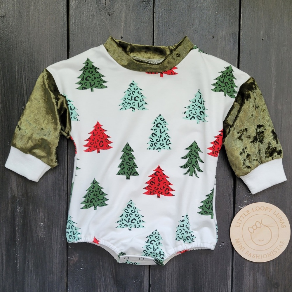 Green Velvet Sleeved Tree Romper